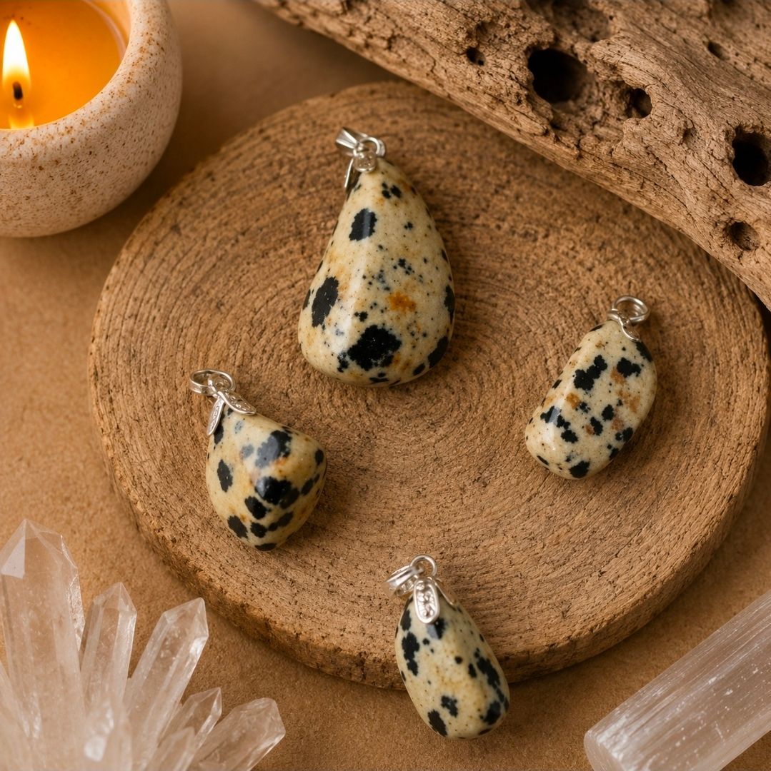 Crème en zwart gespikkelde druppelvormige hangers op een houten schaaltje naast kristallen en een brandende kaars.
