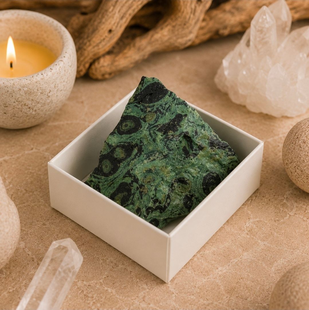 Groene, bewerkte steen in een witte doos, omringd door kristallen en een brandende kaars op een beige ondergrond.