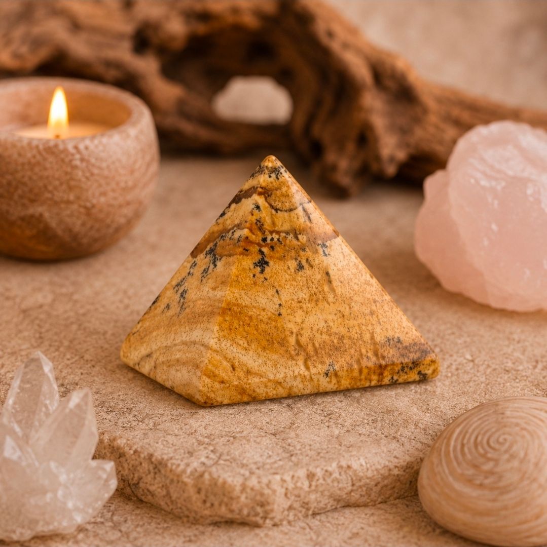 Een piramide van barnsteenkristal op een zandbak met kaarsen en stenen in een spa-achtige setting.