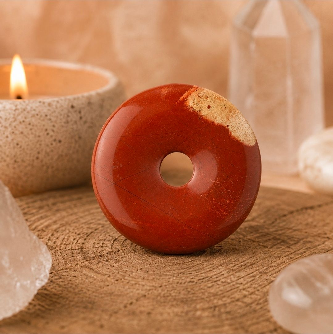 Een donutvormige steen van rood glas op een houten ondergrond naast een brandende kaars en kristallen.