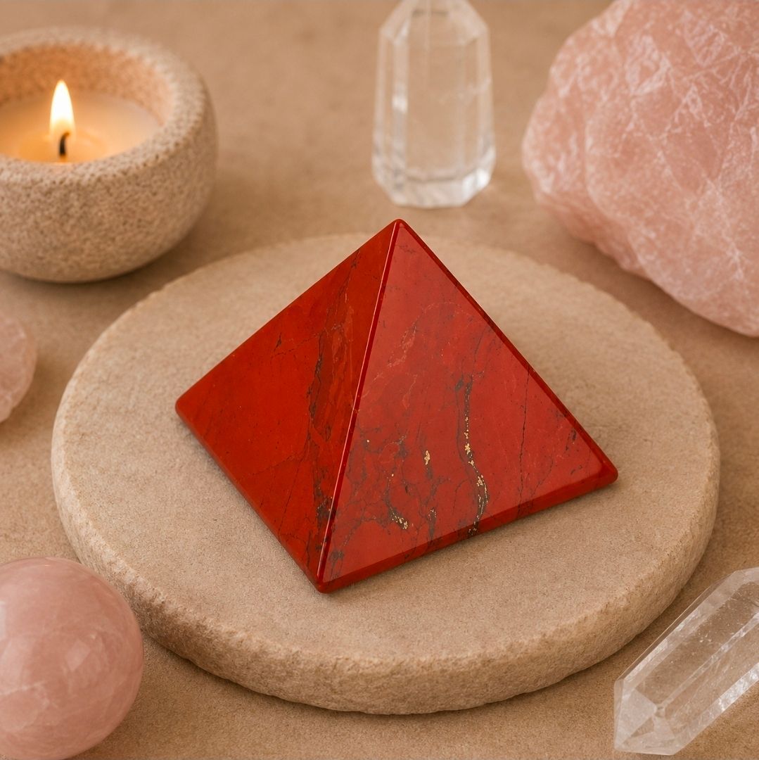 Rode kristallen piramide op een beige stenen plaat met kaarsen en transparante kristallen op een zachtroze achtergrond.