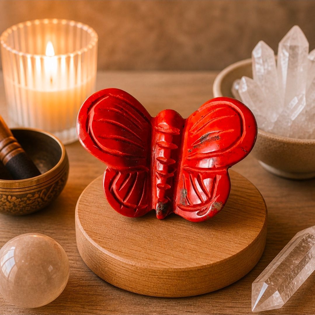 Een rood vlinderbeeldje op een houten voetstuk met kristallen en een brandende kaars ernaast.