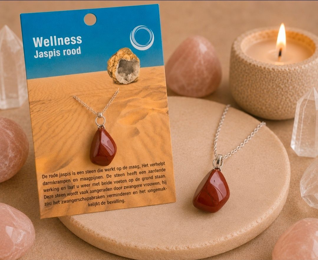 Wellness hanger met jaspiswortel en rode steen, tentoongesteld op een beige display naast een brandende kaars.