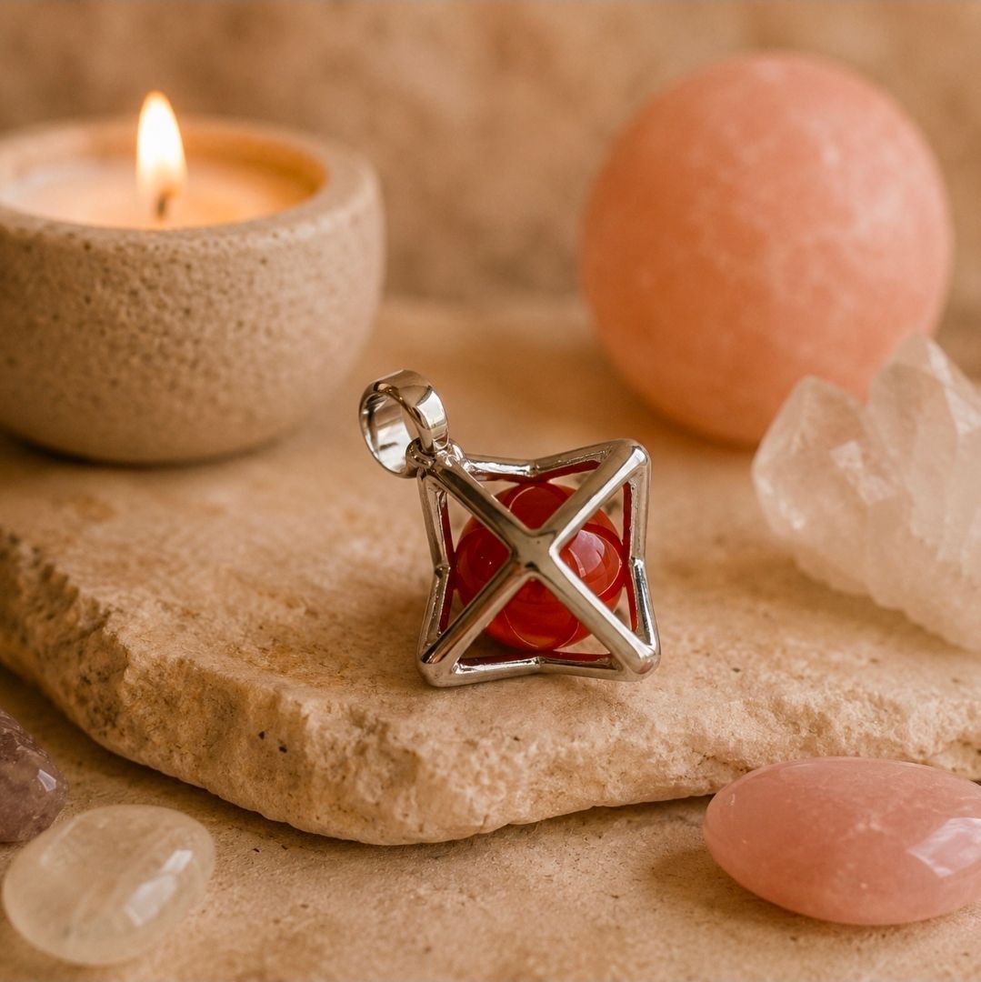 Een brandende kaars naast kristallen sieraden en roze stenen op een beige stenen ondergrond.
