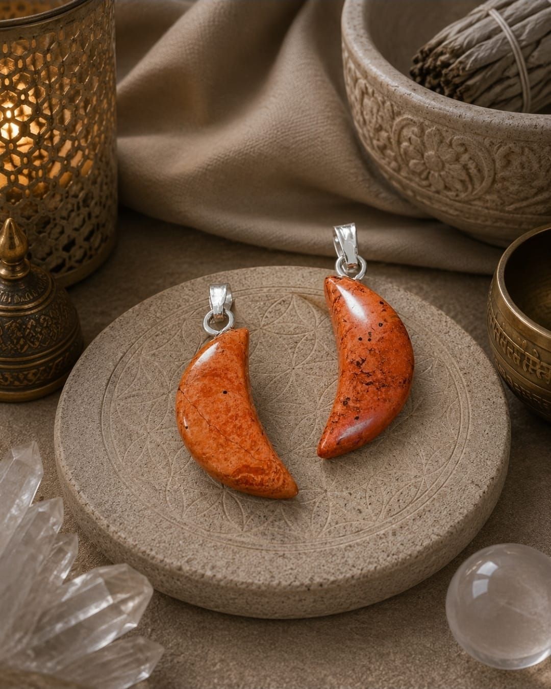Een paar oranje halvemaanvormige oorbellen op een beige displaystandaard, omringd door decoratieve stenen en kaarsen.