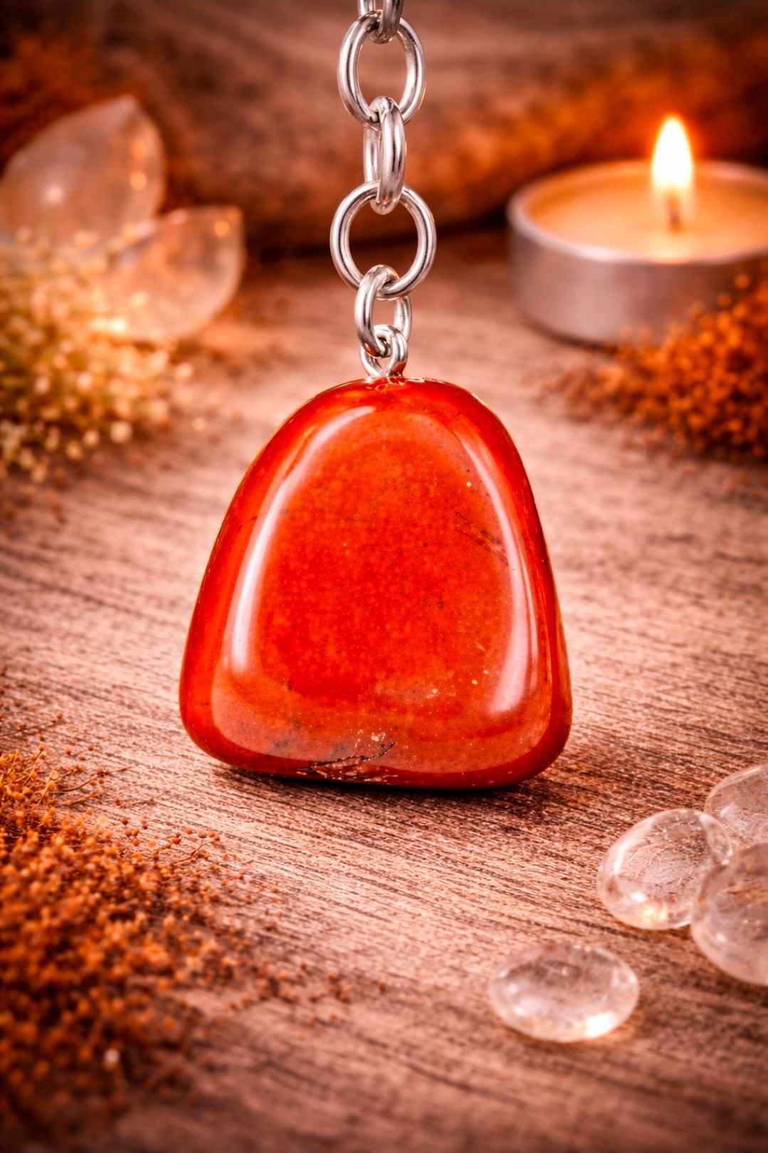 Een hanger met een rode edelsteen aan een ketting, naast kaarsen en kristallen op een warme houten ondergrond.