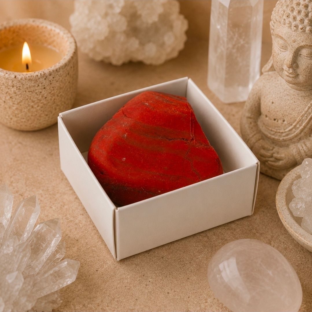 Een rood hartvormig object in een witte doos, omringd door kristallen en een brandende kaars op een zachtbeige ondergrond.