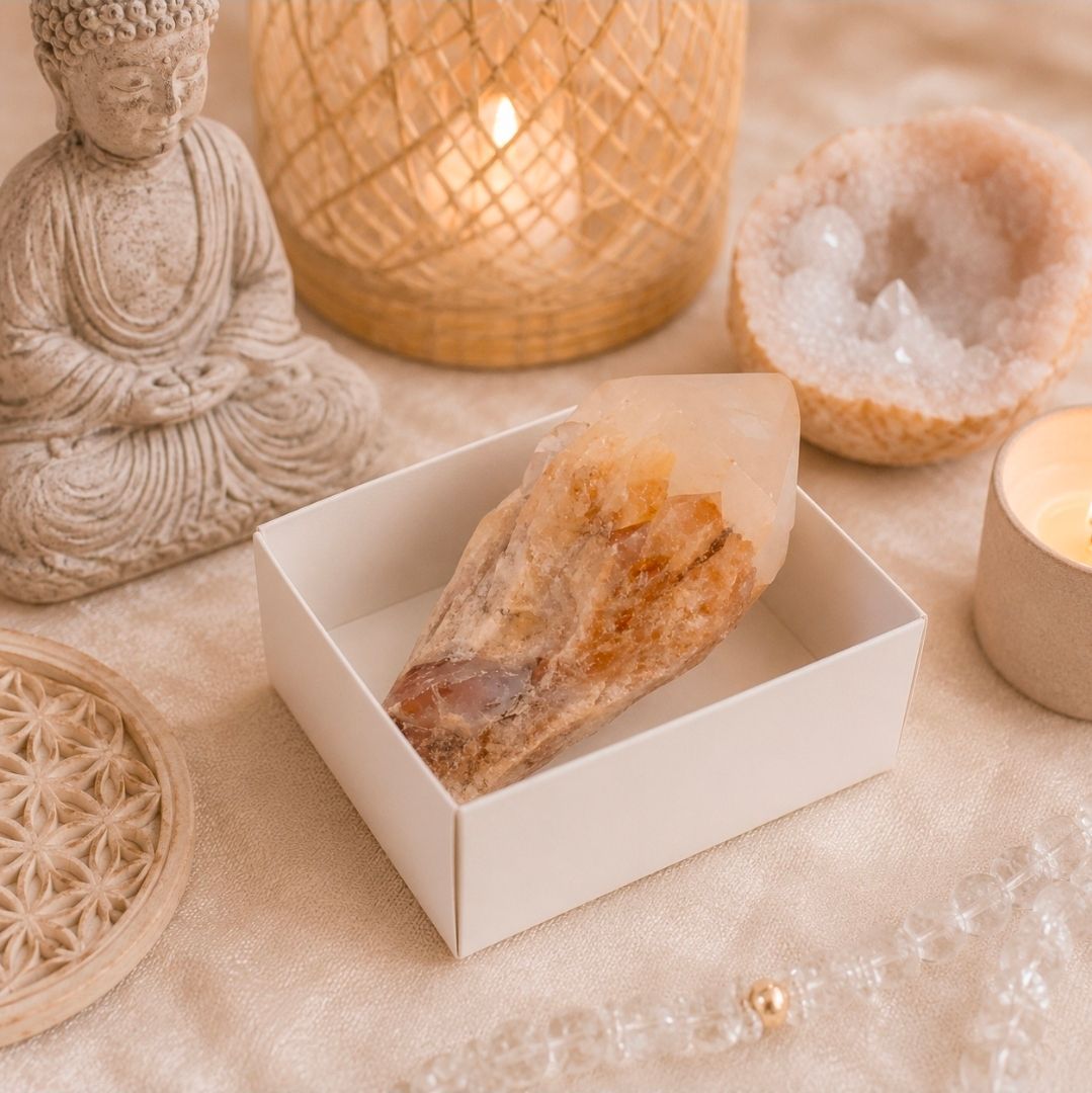 Een spa-stilleven met een kristal in een witte doos, een brandende kaars, een Boeddhabeeld en warme beige decoratie.