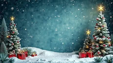 Een besneeuwde kerstscène met twee versierde kerstbomen, fonkelende sterren en rode cadeautjes in een winterlandschap.