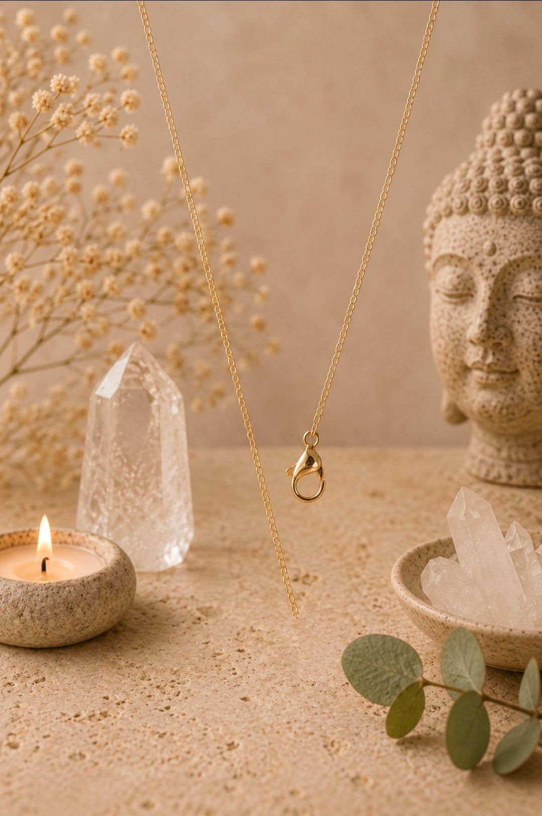 Een sfeervol spa-stilleven bij kaarslicht met kristal, Boeddhabeeld, gedroogde bloemen en een gouden hanger op een zandbodem.