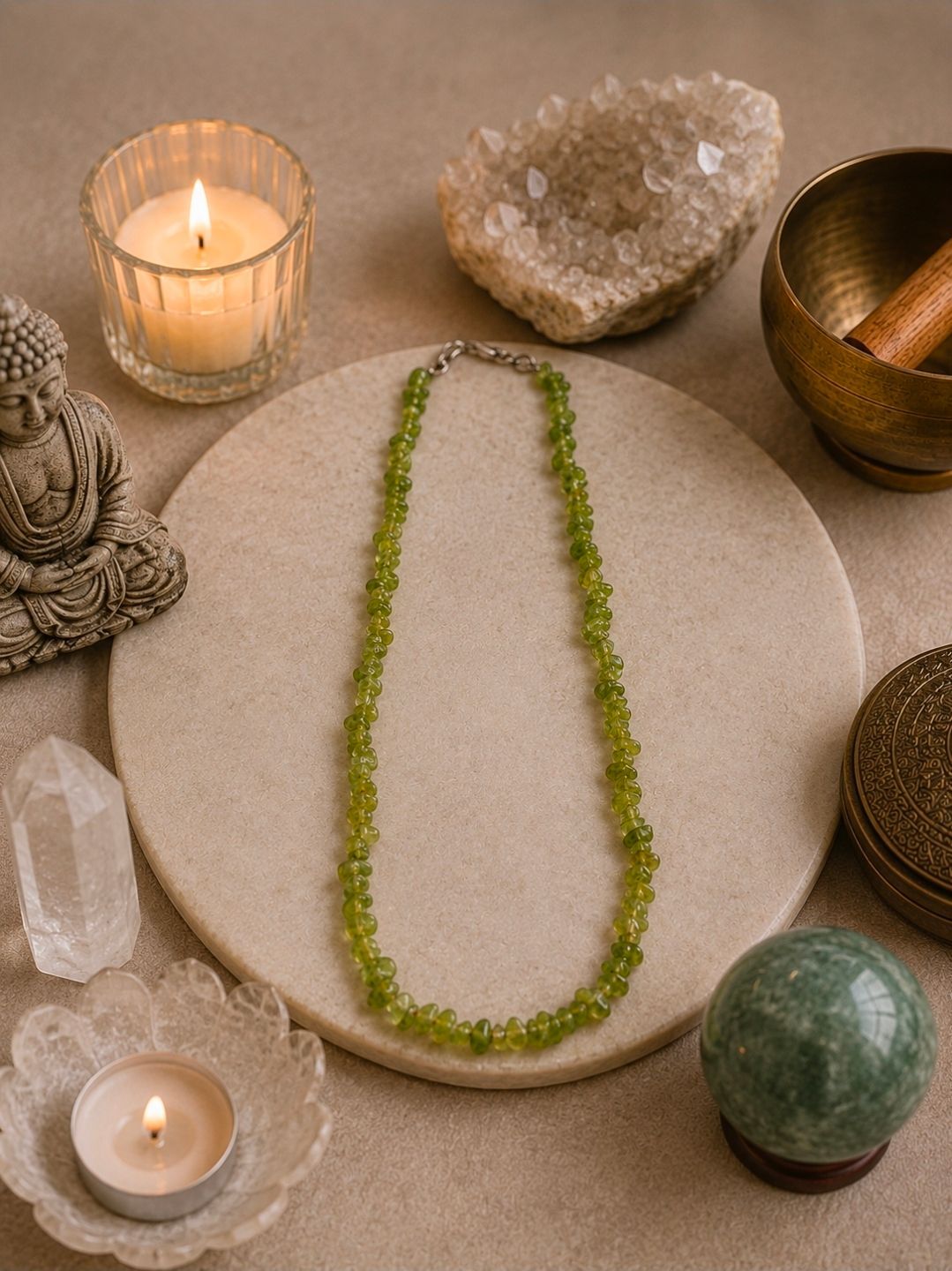 Kaarsen, kristallen en een groene kralenketting in U-vorm op een ronde beige mat.