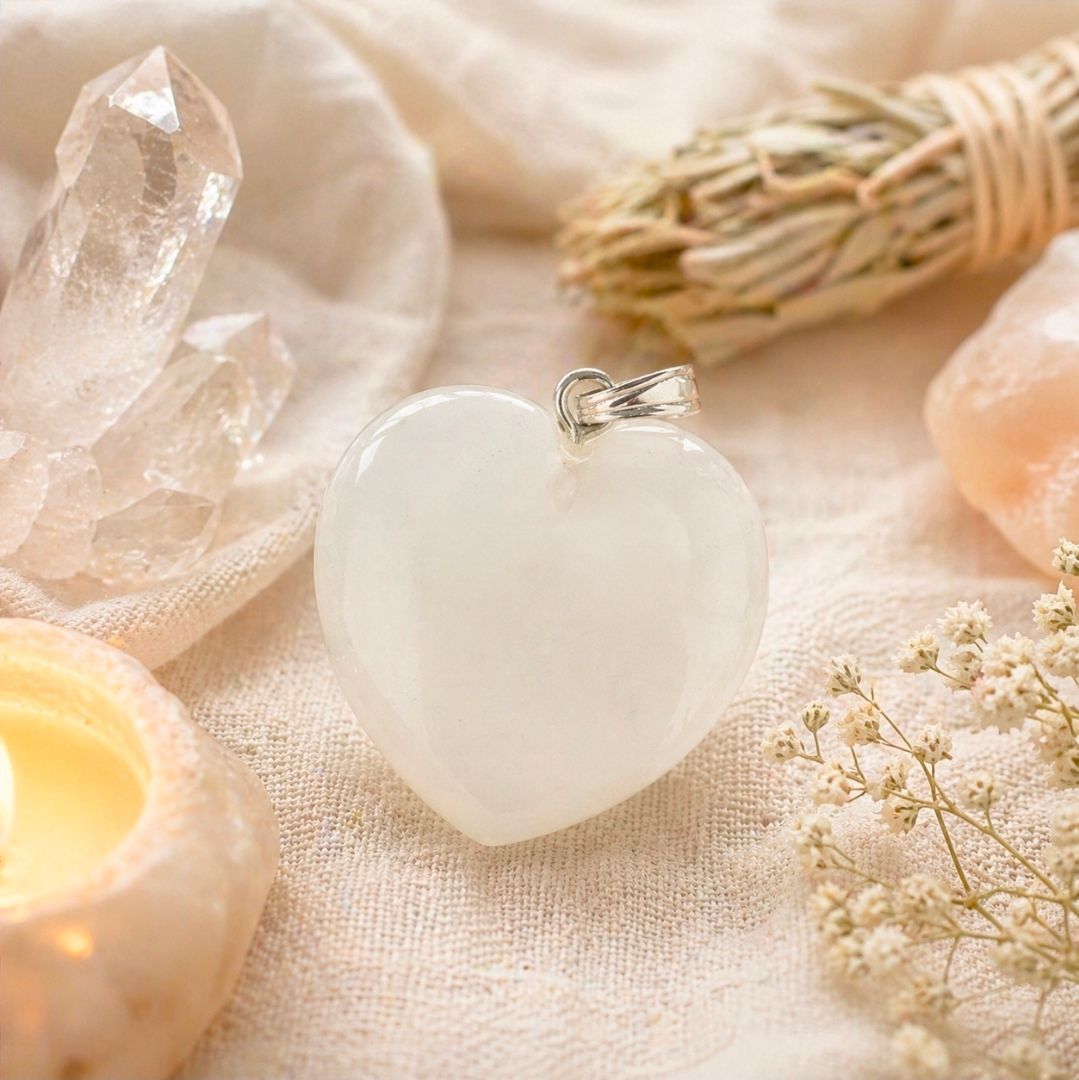 Een witte hartvormige kaars op een zachtbeige doek met kristallen, gedroogde bloemen en een warm brandende kaars ernaast.