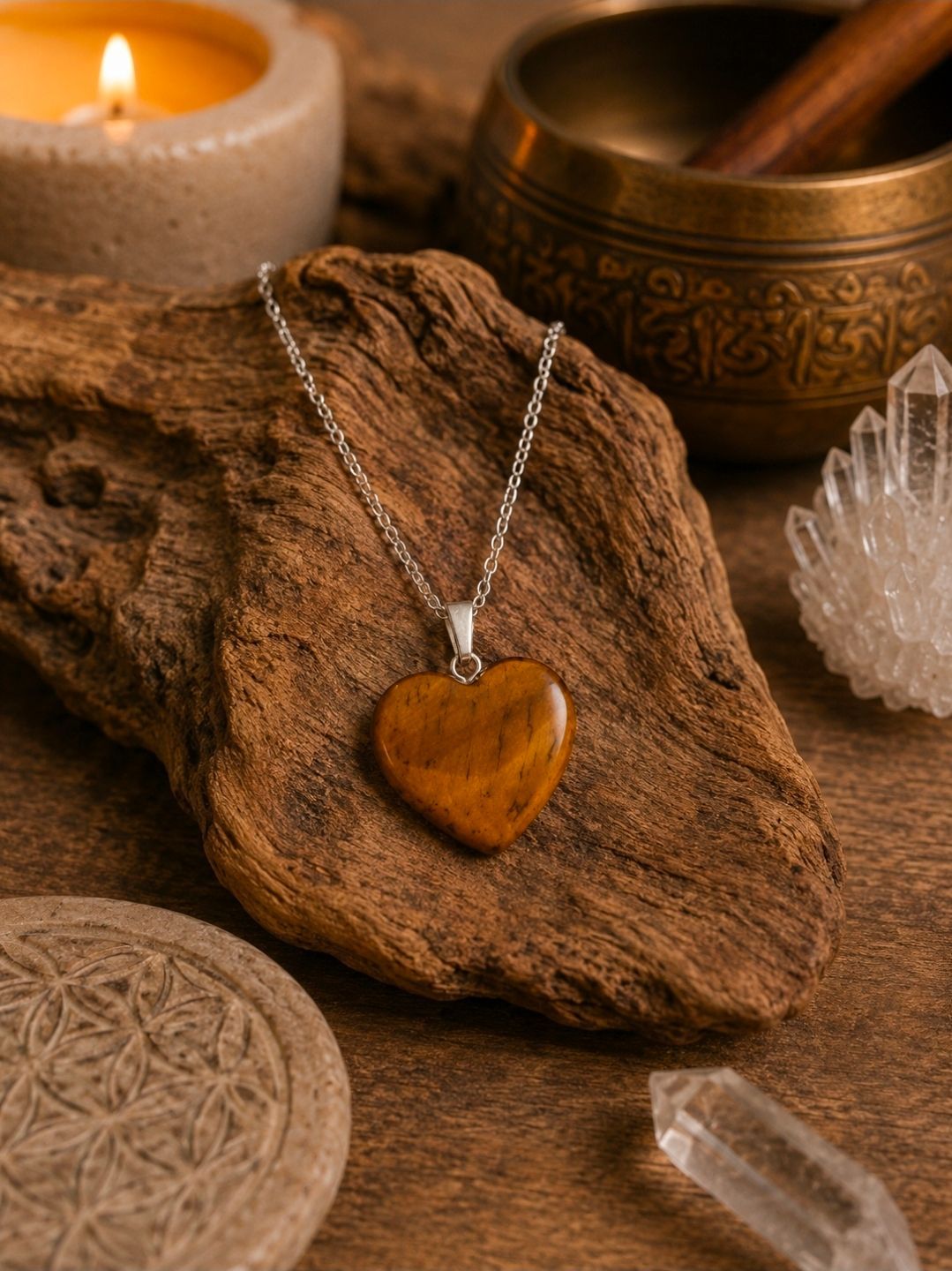 Hartvormige hanger aan een rustieke steen met kaars, messing schaal en kristal in warm licht.