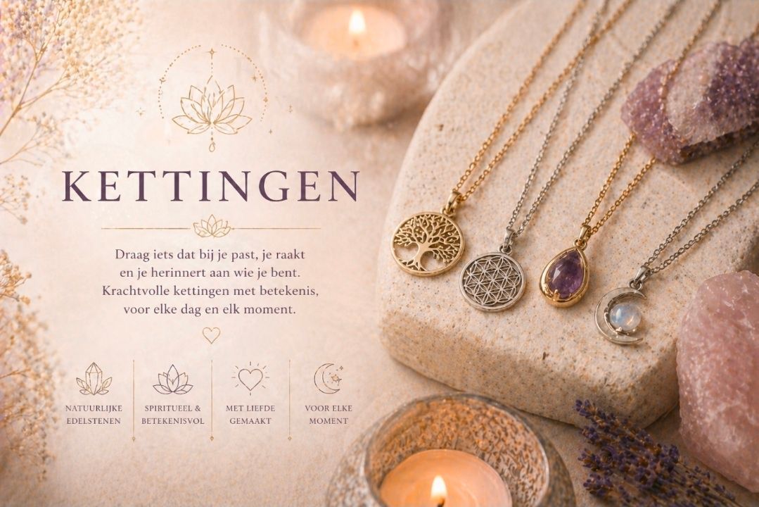 Gouden en zilveren hangerkettingen op een zachtroze achtergrond. KETTINGEN sieradenreclame met kaarsen en kristallen.