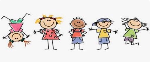 Vijf lachende kinderen in stokfiguurvorm, hand in hand, in kleurrijke kleding, op een witte achtergrond.
