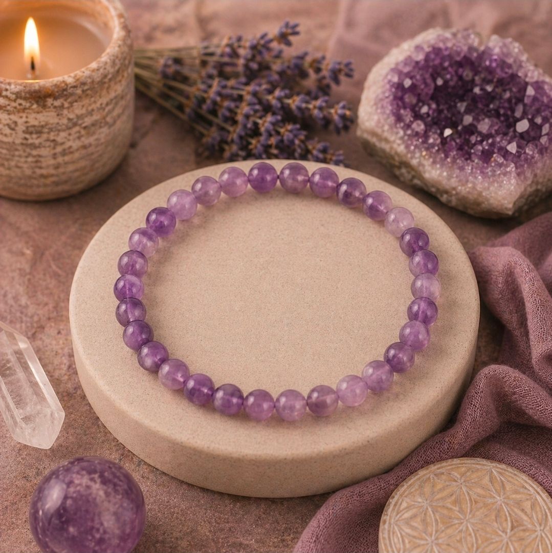 Lavendelkleurige armband met edelstenen op een beige standaard met kristallen, kaarsen en paarse stof.