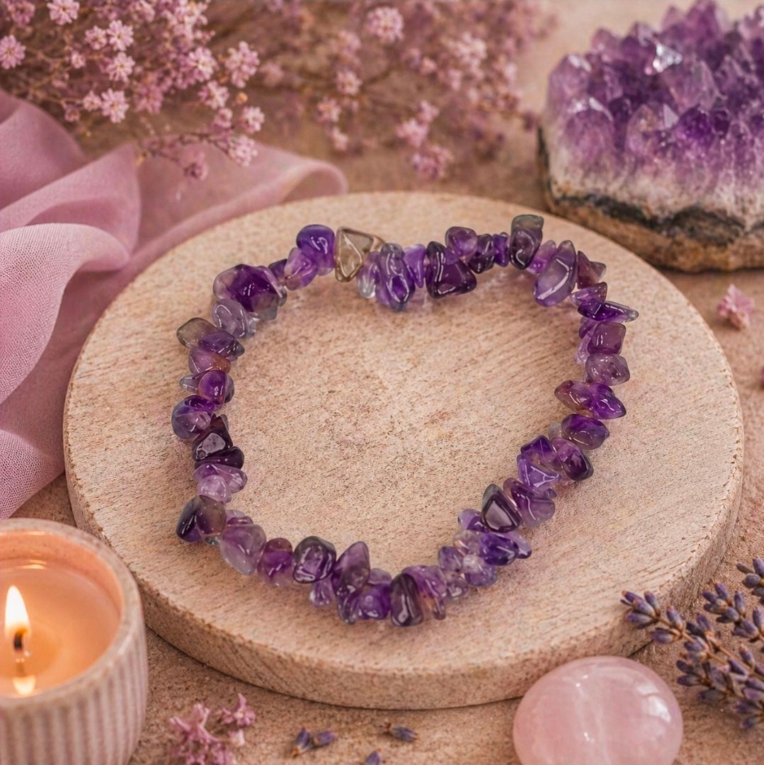 Hartvormige paarse kristallen armband op een beige voetstuk, omringd door kaarsen en roze decoratie.