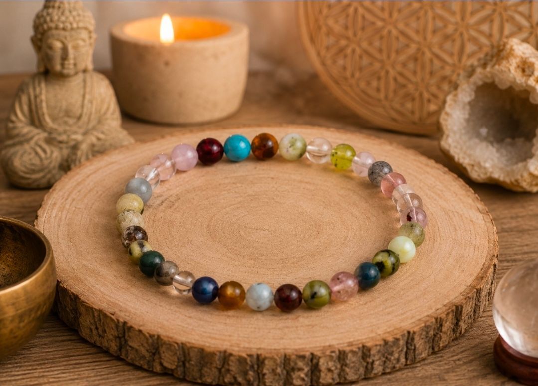 Een kralenarmband op een houten schijf met kaarsen en een Boeddhabeeldje op een warme tafel.