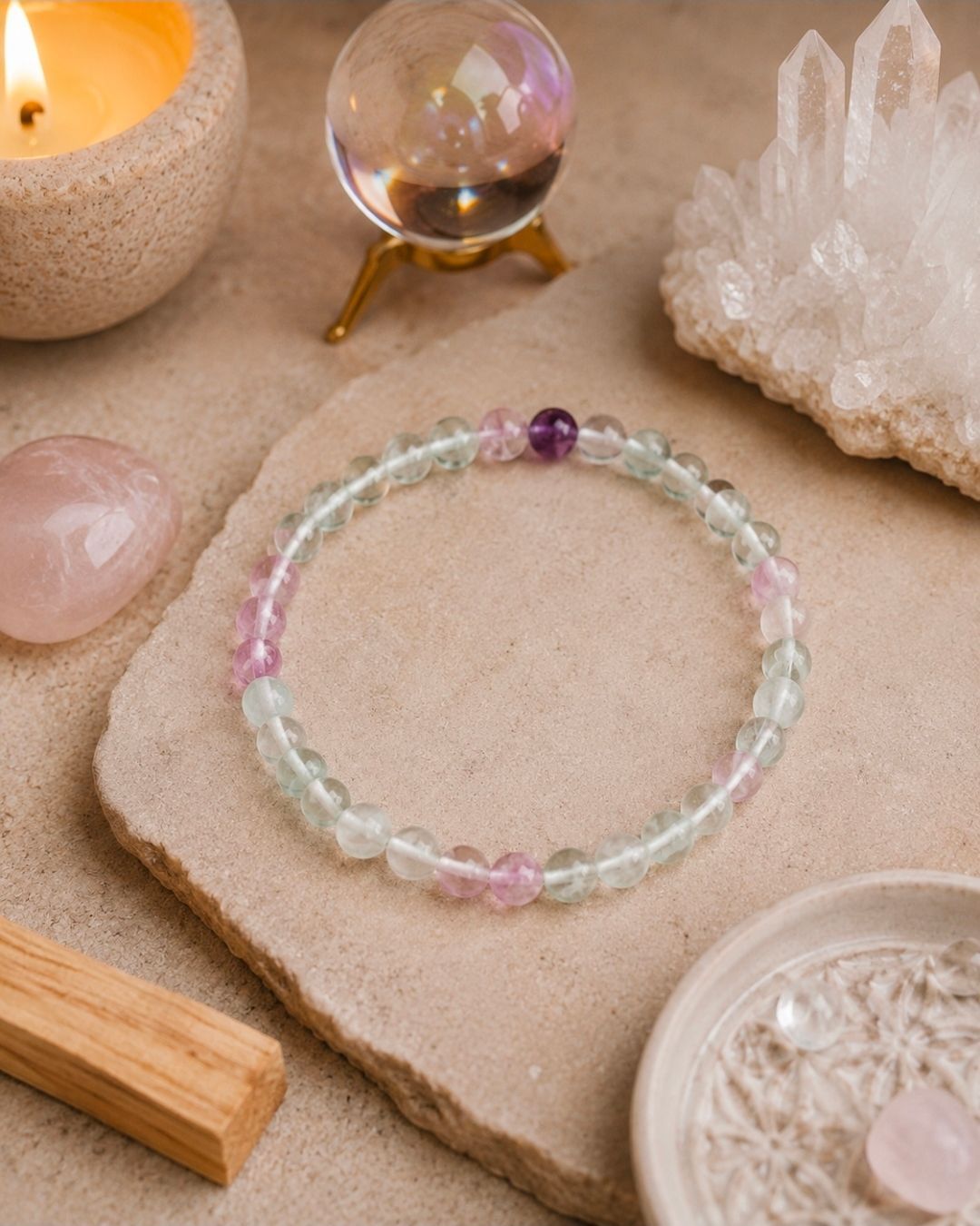 Kralenarmband met roze en transparante steentjes op een beige stenen ondergrond, omringd door kristallen en een kaars.