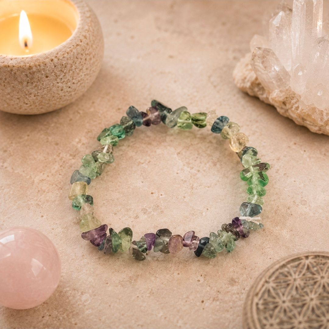 Armband van fluorietkralen op een beige ondergrond, met kaars, rozenkwarts, kristalcluster en decoratieve schaal.
