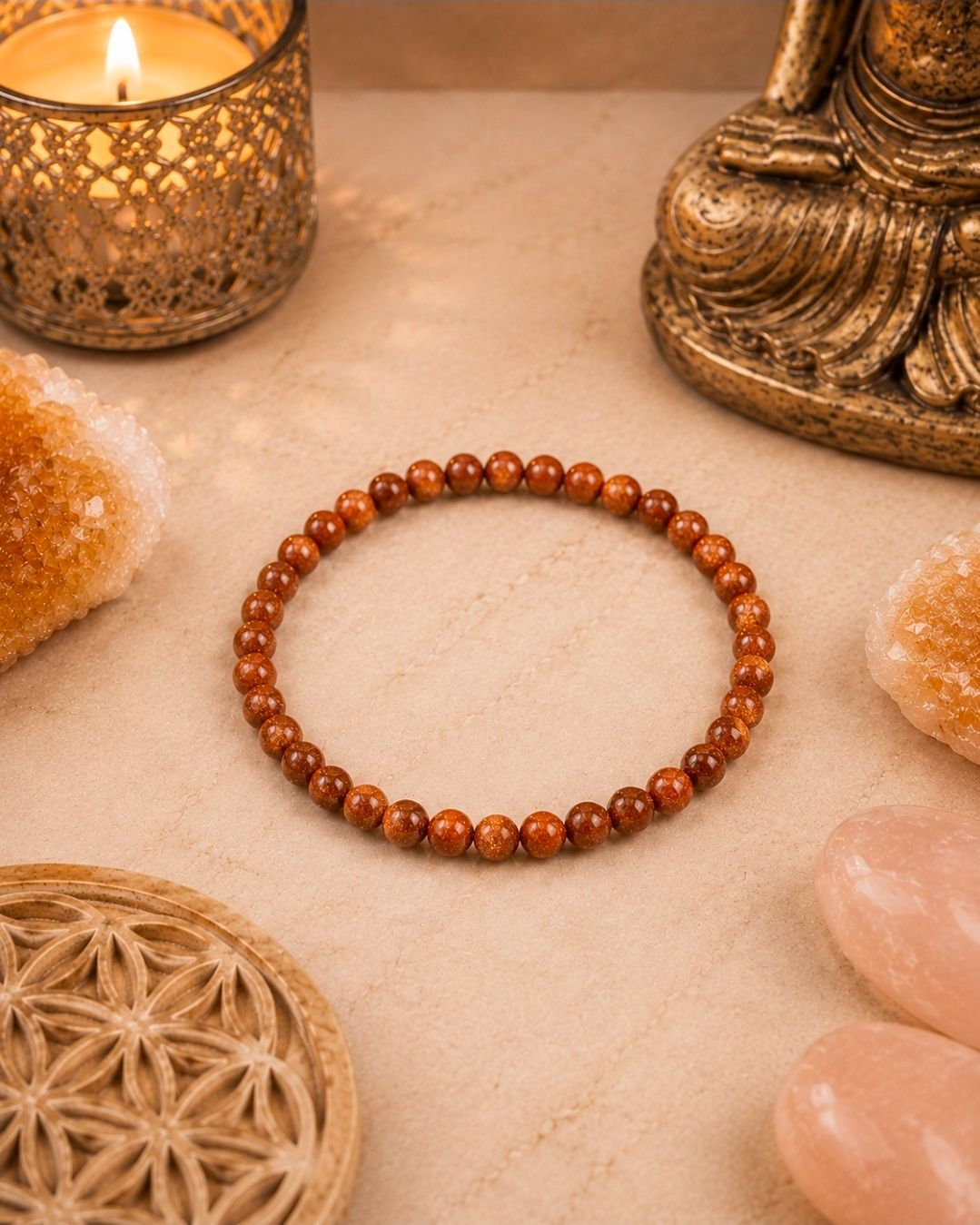 Amberkleurige kralenarmband op een zachtbeige ondergrond met kaarsen en decoratieve ornamenten.