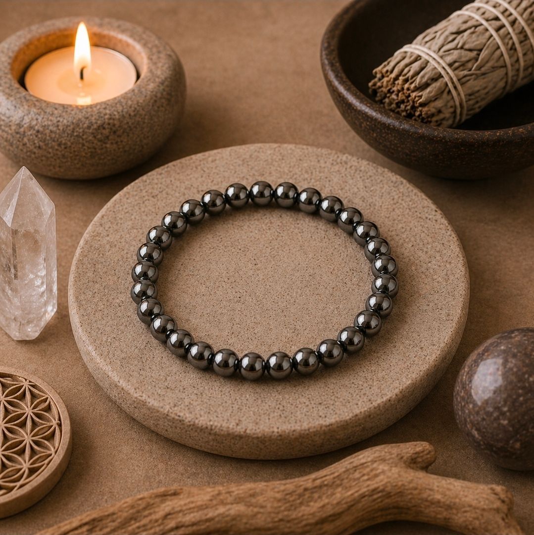 Een kralenarmband op een rond stenen dienblad met een kaars, kristal en salie in een rustgevend, aards arrangement.