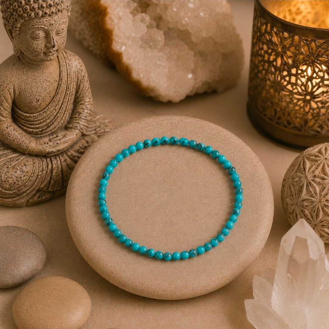 Een turquoise kralenarmband op een beige kussen, omringd door kristallen, een Boeddhabeeld en een decoratieve kandelaar.
