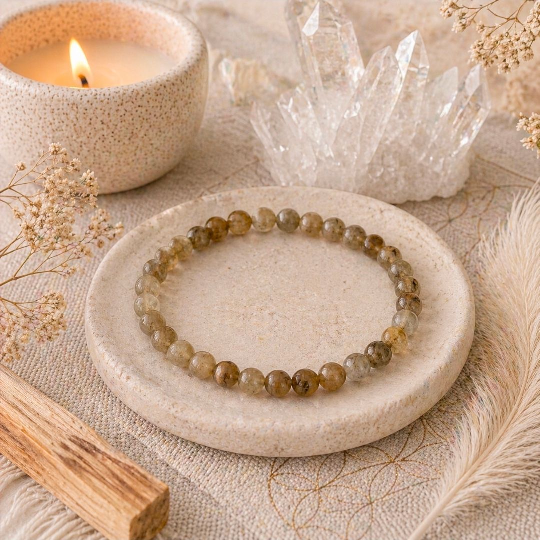 Beige dienblad met kaarslicht, kristal, kralenarmband en gedroogde bloemen op een neutrale tafel.