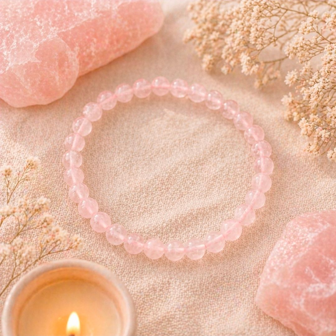 Roze kralenarmband met rozenkwartskristallen en een brandende kaars op een zachtbeige ondergrond.