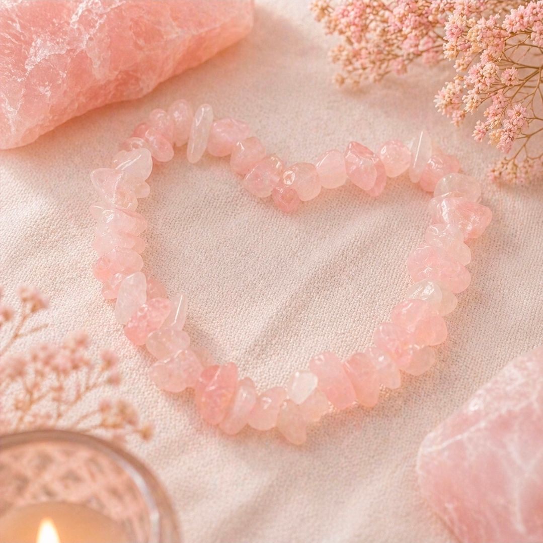 Roze kristallen armband in hartvorm op een zachte crèmekleurige stof met bloemen eromheen.