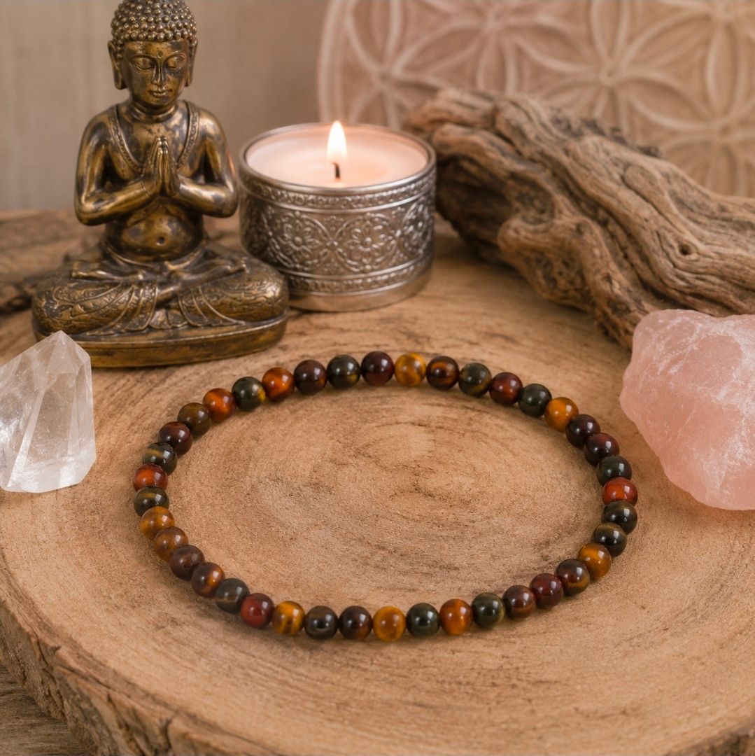 Meditatiealtaar met Boeddhabeeld, brandende kaars, kristallen schalen, drijfhout en kralenarmband op een houten schijf.