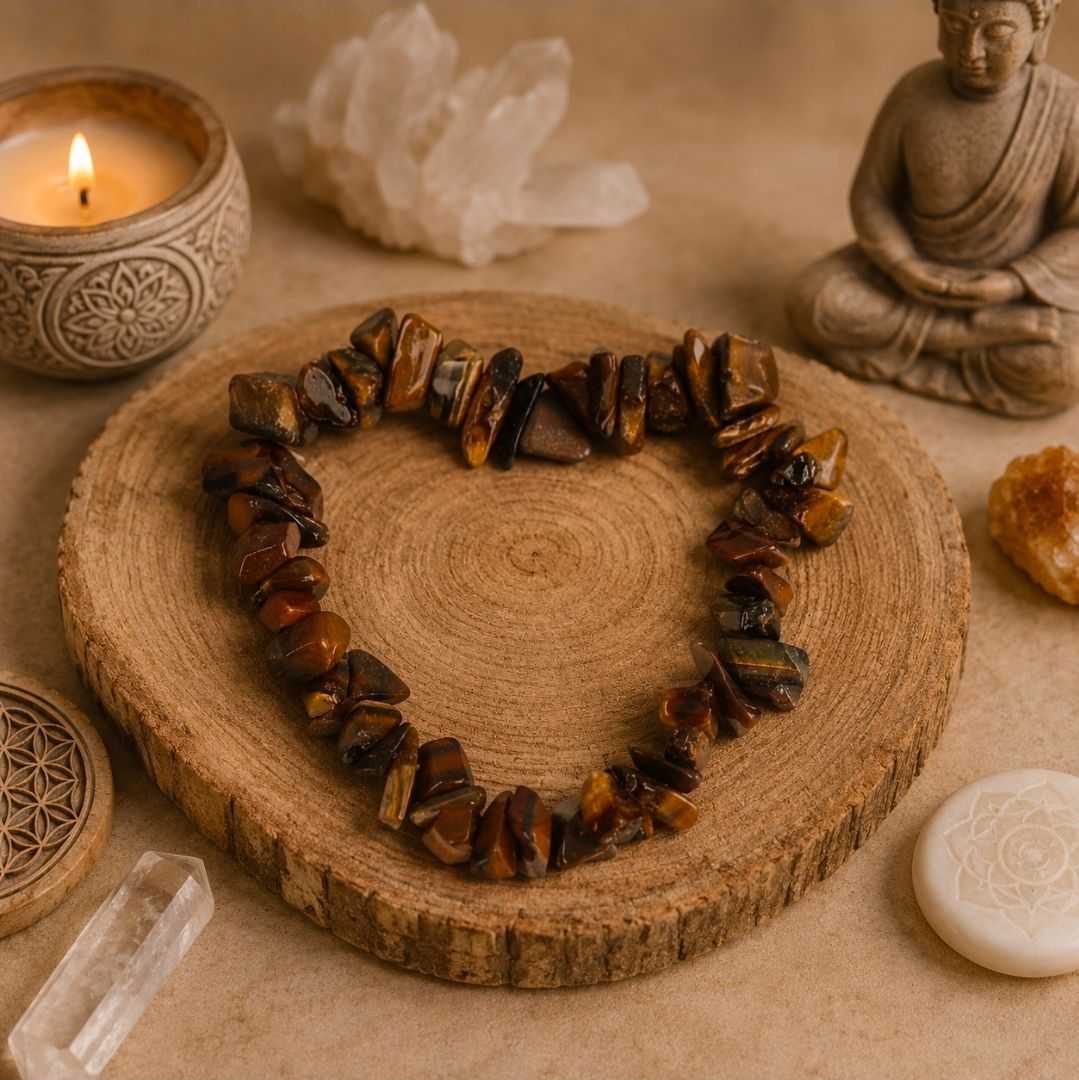 Armband van tijgeroogkralen op een houten schijf met kristallen, een kaars en een Boeddhabeeldje.