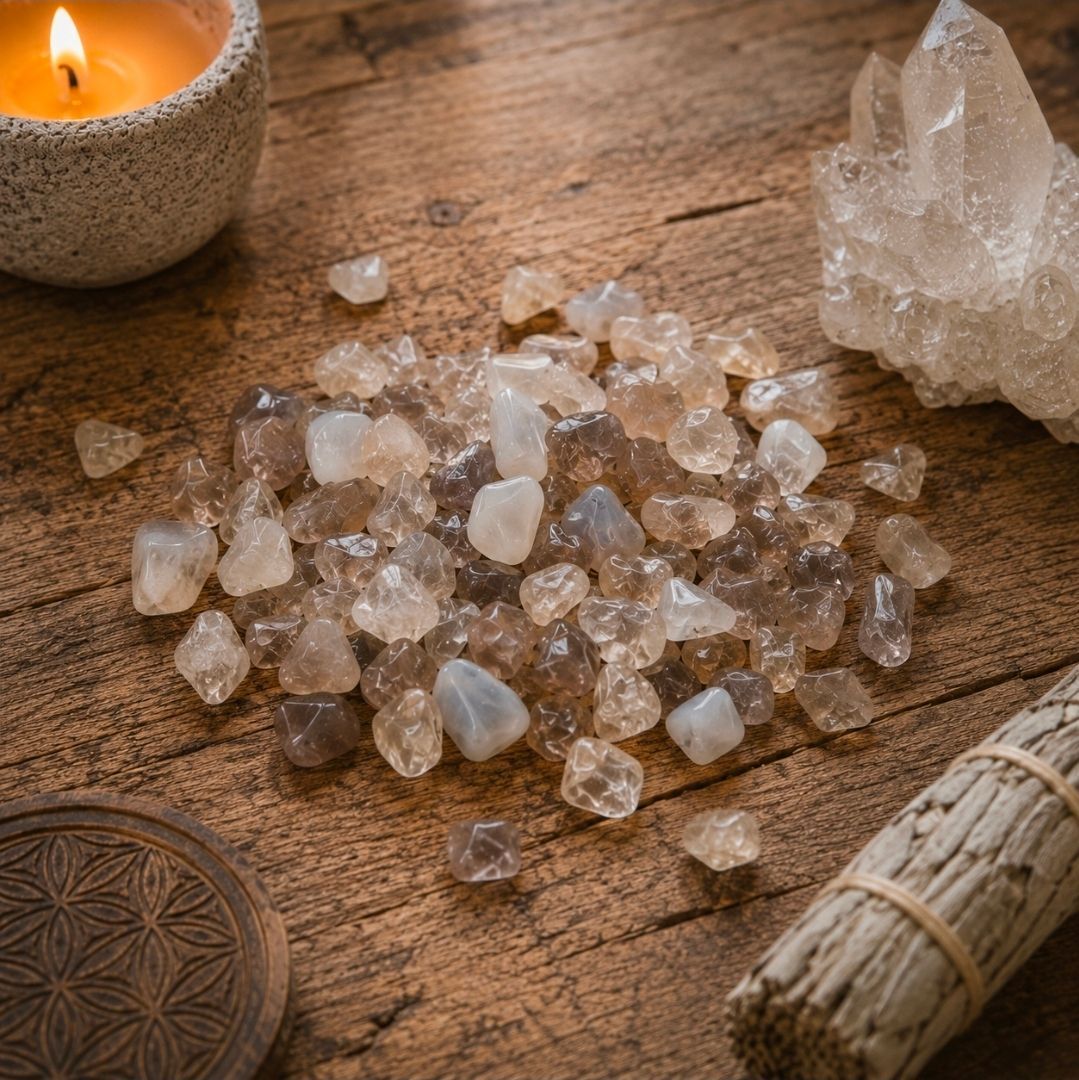 Kristallen en stenen op een houten tafel met een brandende kaars en een bosje salie.