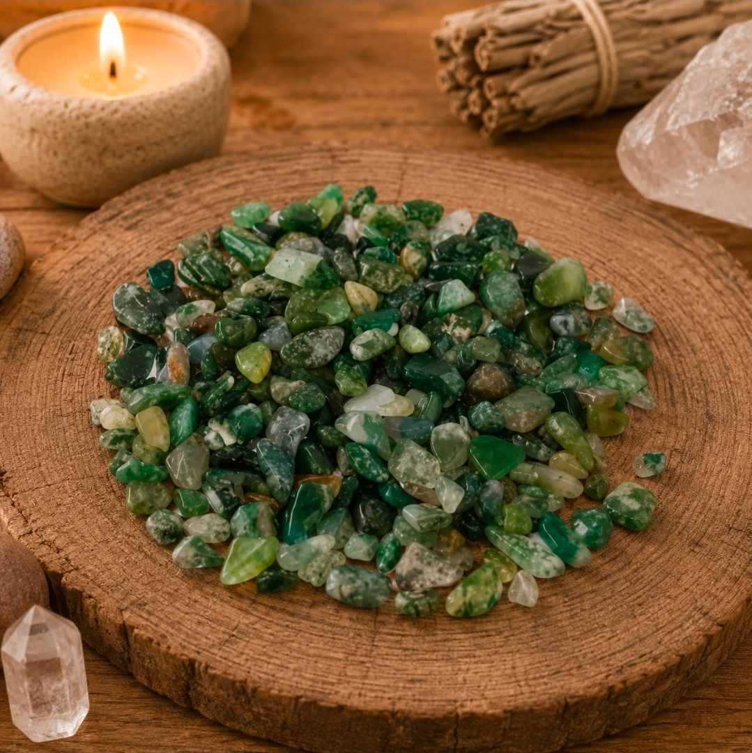 Groene kristalschilfers op een houten schijf naast een kaars, een bosje salie en heldere kwartskristallen.