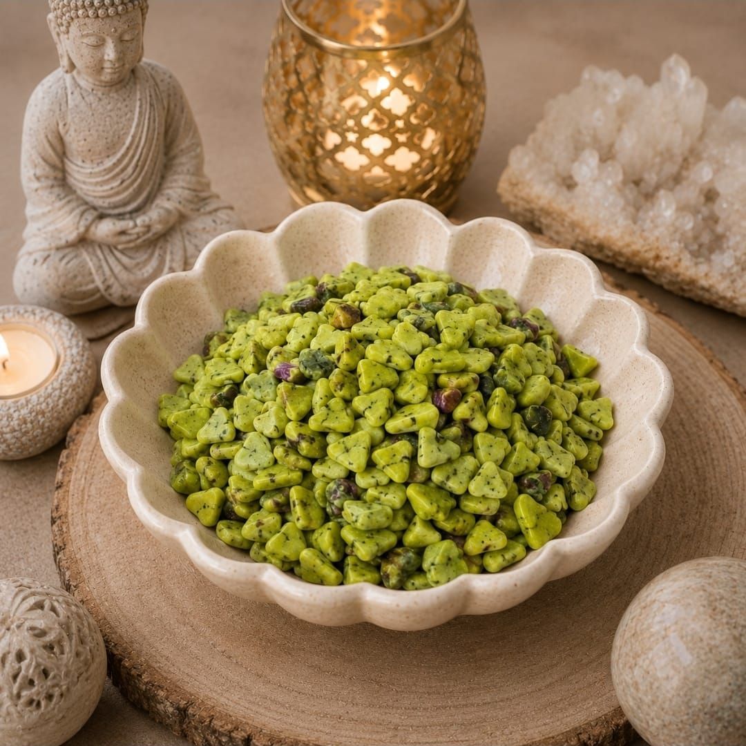 Groenten in een gegolfde kom op een rustieke tafel met kaarsen en Boeddha-decoratie.