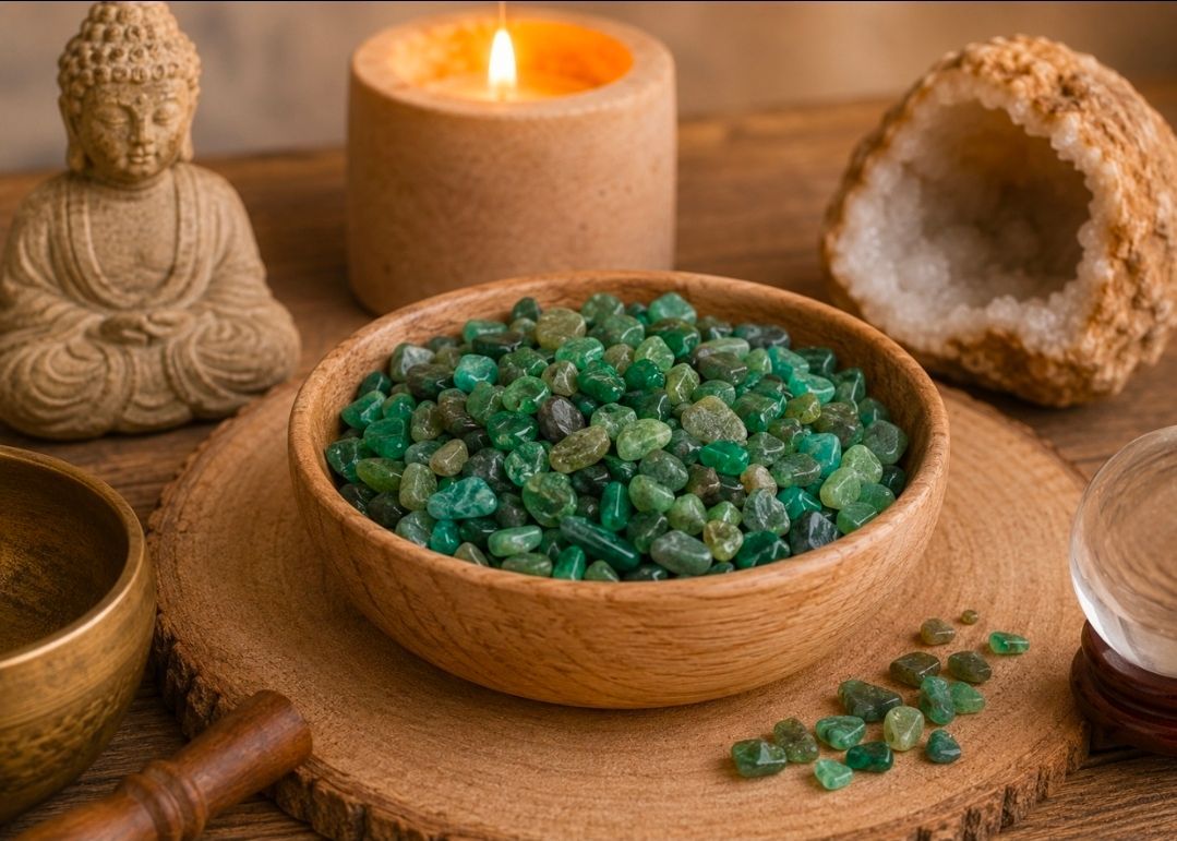 Een kom met groene kristallen naast een brandende kaars, een Boeddhabeeldje en een schelp op een houten tafel.