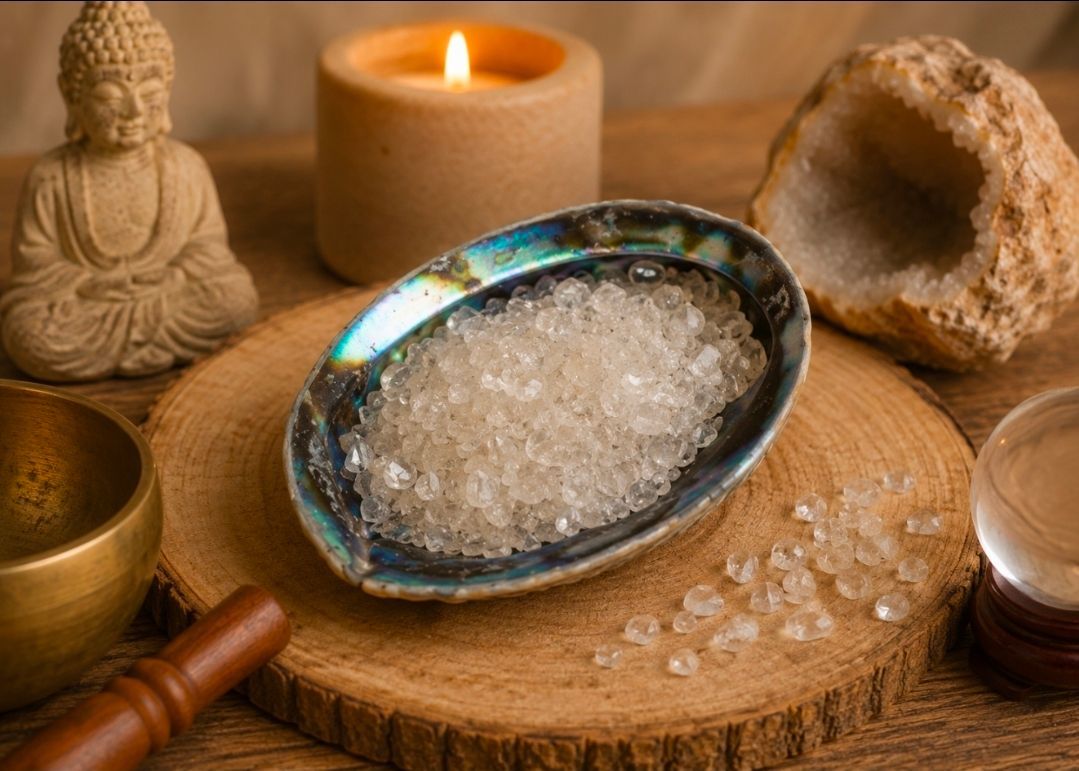 Spa-opstelling met een kom badzout, een kaars, een Boeddhabeeldje en een schelp op een houten dienblad.