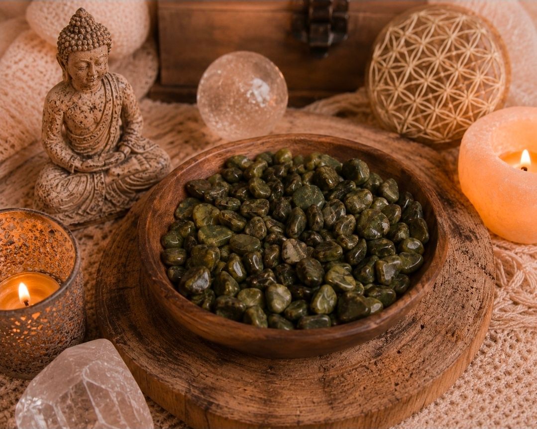 Zen-altaar met Boeddhabeeld, kristallen bollen, kaarsen en een schaal met groene stenen op geweven stof.
