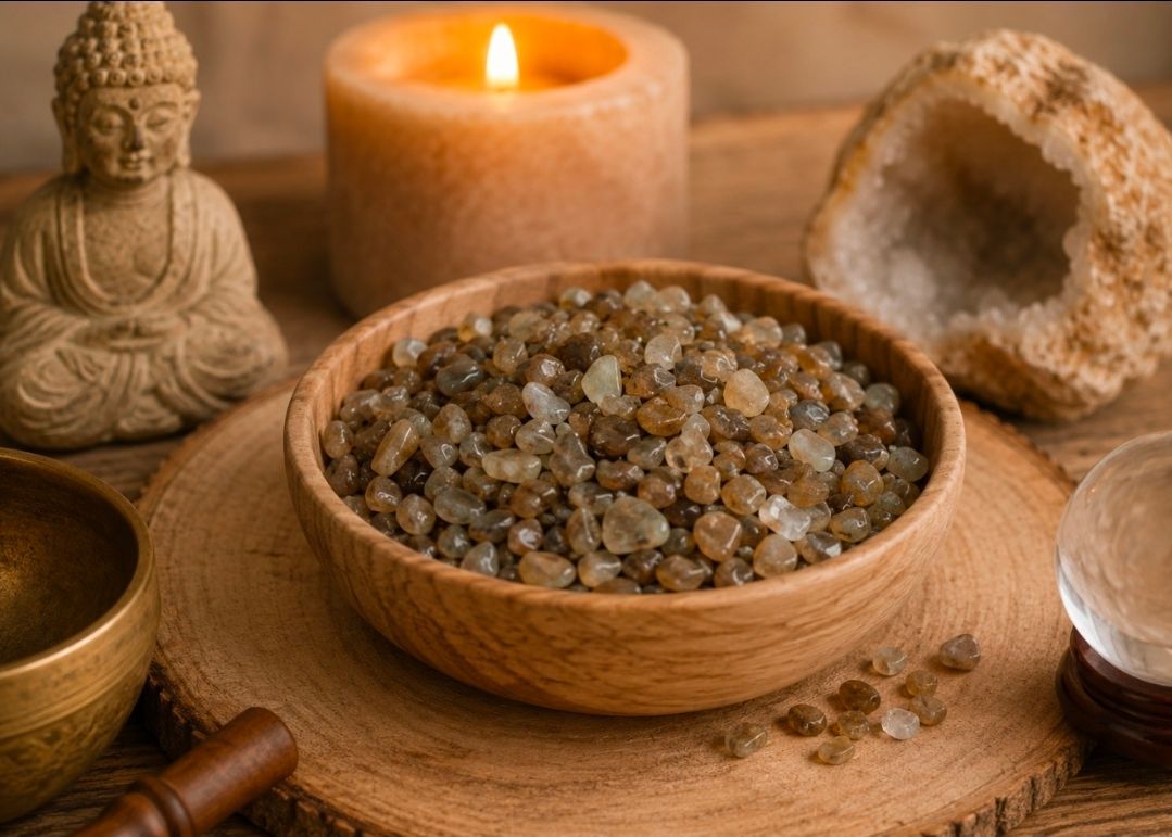 Een spa-stilleven met kaars, Boeddhabeeldje, houten schaal met kiezels en kristallen op een dienblad.