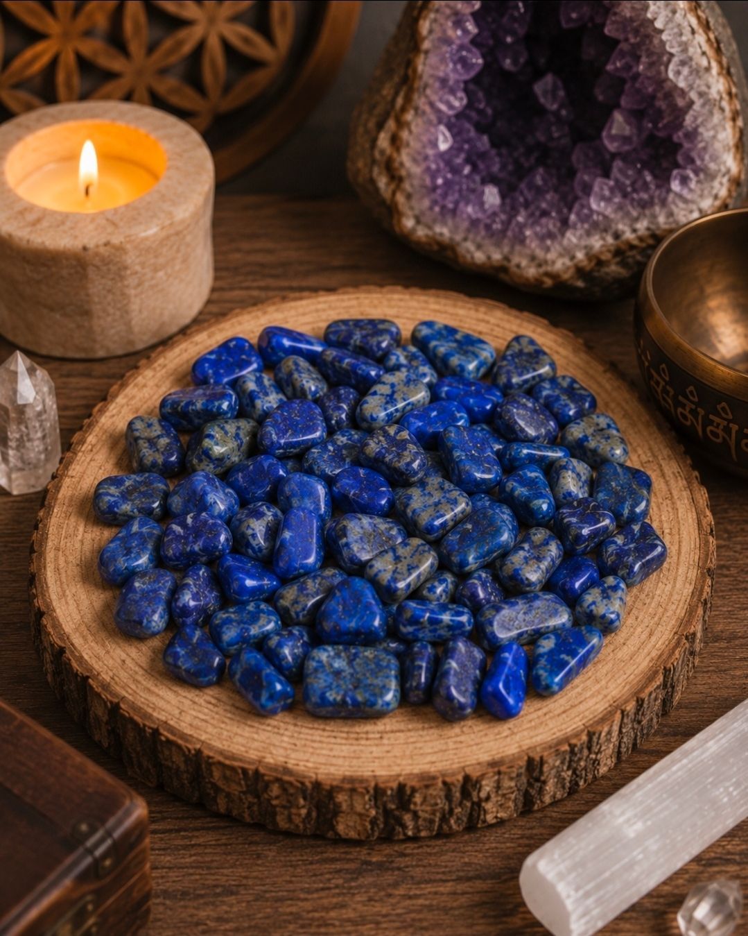 Blauwe edelstenen op een houten schijf naast een brandende kaars en decoratie met amethistkristallen.