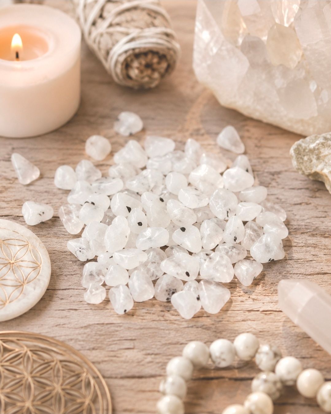 Witte kristallen en kaarsen gerangschikt op een houten ondergrond met een kristallen cluster en een kralenarmband.