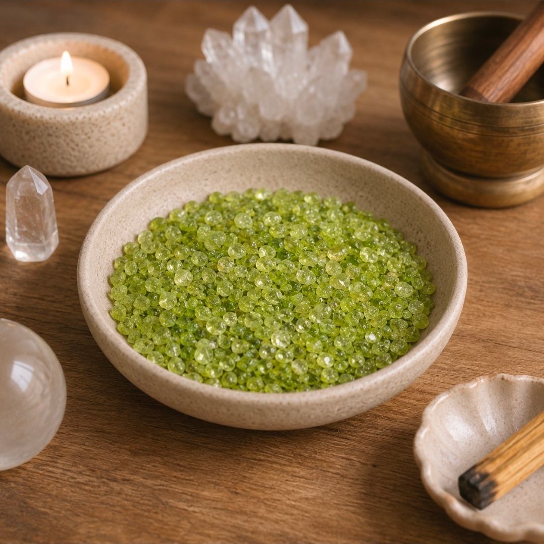 Groene kristallen in een beige kom op een houten tafel met een kaars, kwarts en rituele voorwerpen.
