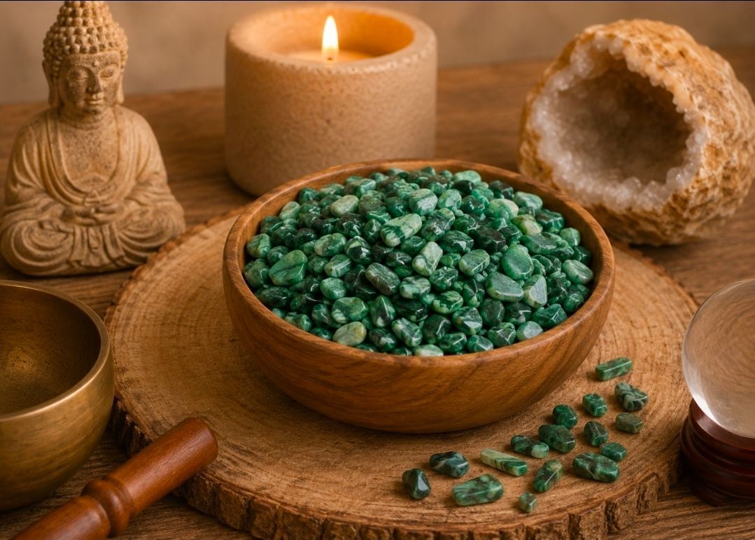 Een schaal met groene kristallen, een kaars, een Boeddhabeeldje en houten schalen op een warme tafel.