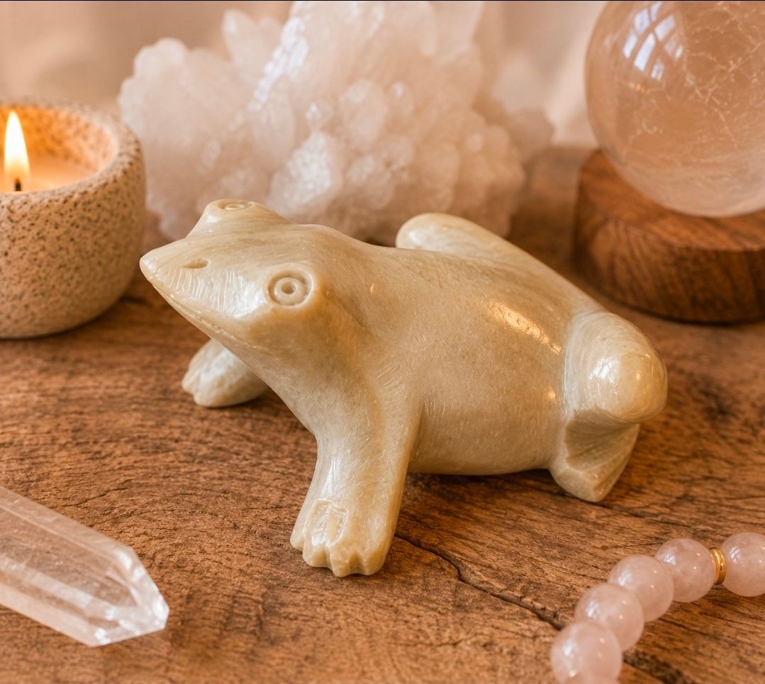 Crèmekleurig kikkerfiguurtje op een houten ondergrond met kristallen, kaarsen en een kralenarmband.