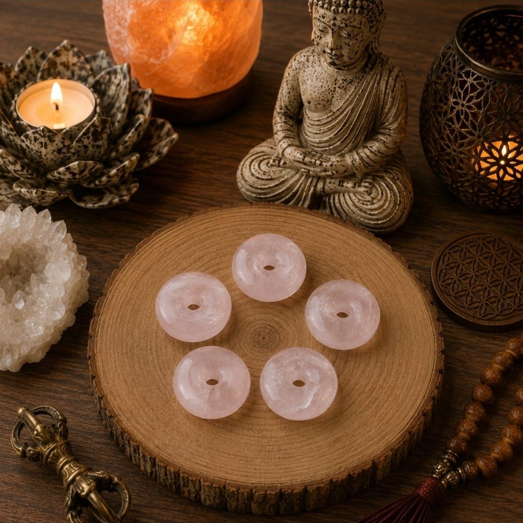 Diverse kaarsen, kristallen en Boeddha-decoraties op een houten tafel met vijf roze theelichtjes.