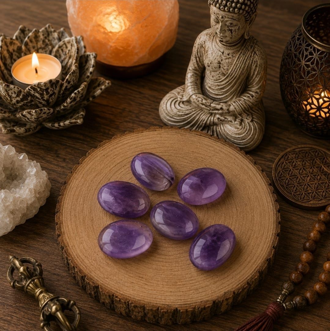Paarse edelstenen op een houten schijf naast kaarsen en een Boeddhabeeld in een rustgevende meditatie-opstelling.