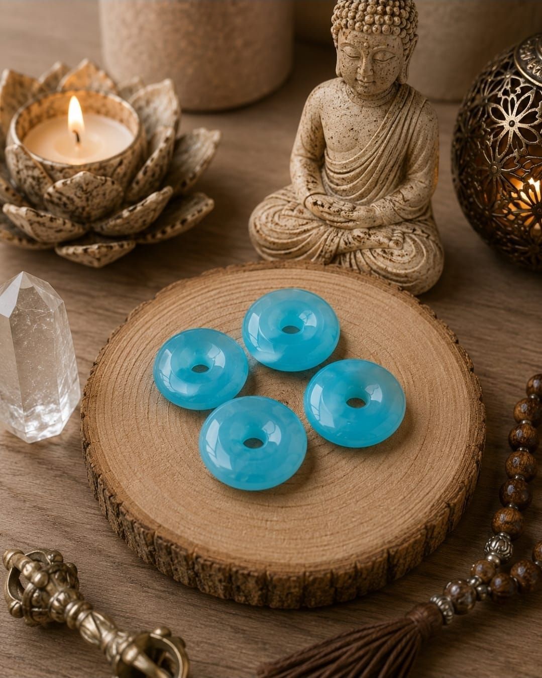 Blauwe stenen op een houten plank naast een Boeddhabeeld, een kaars en decoratieve ornamenten.