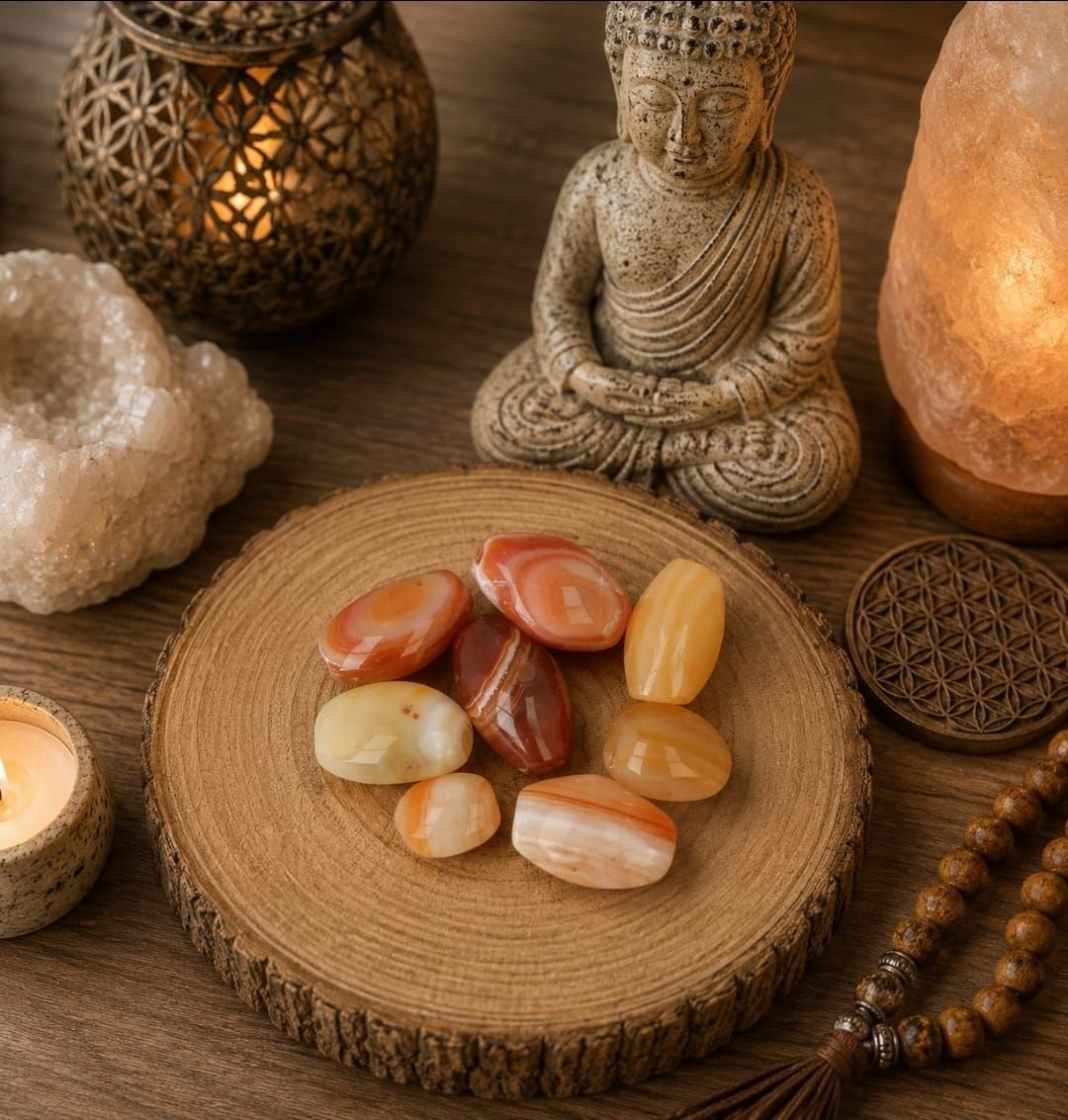 Spiritueel altaar met Boeddhabeeldje, kaarsen, kristallen en gepolijste stenen op een houten plank.