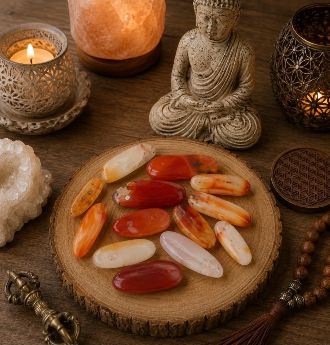 Meditatiealtaar met Boeddhabeeld, kaarsen, kristallen en chakrastenen op een houten dienblad.