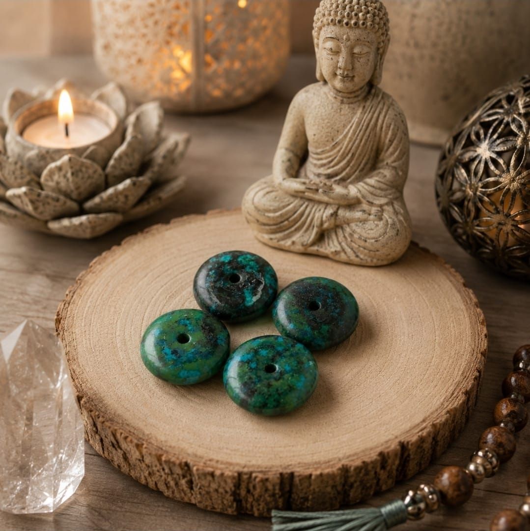 Een Boeddhabeeldje, kaarsen, kristallen en groene stenen zijn op een houten plank gerangschikt in een serene presentatie.